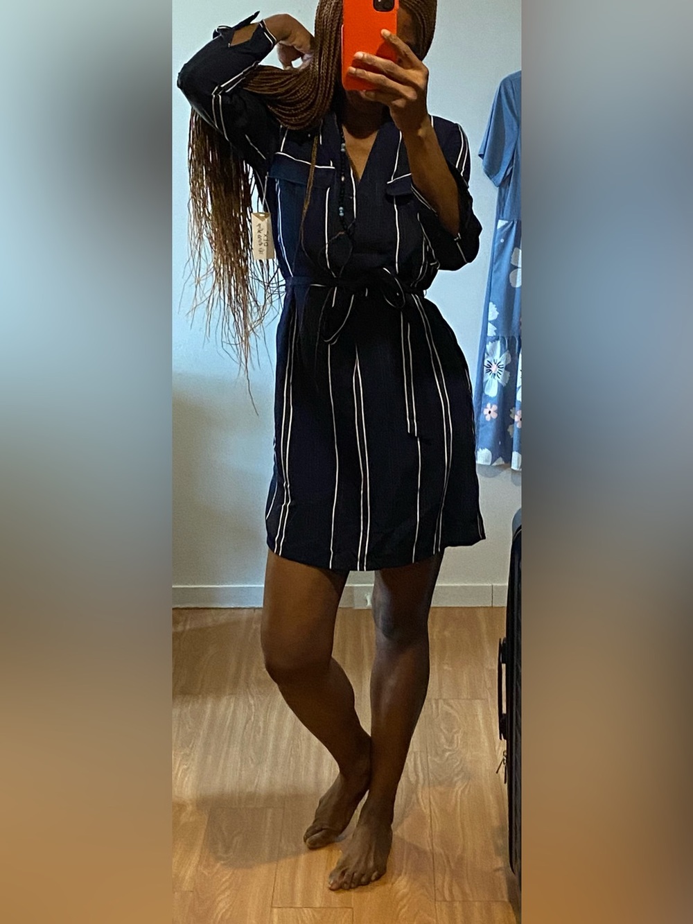 Dex Navy and White Vertical Stripe Shirt Dress with Waist Tie